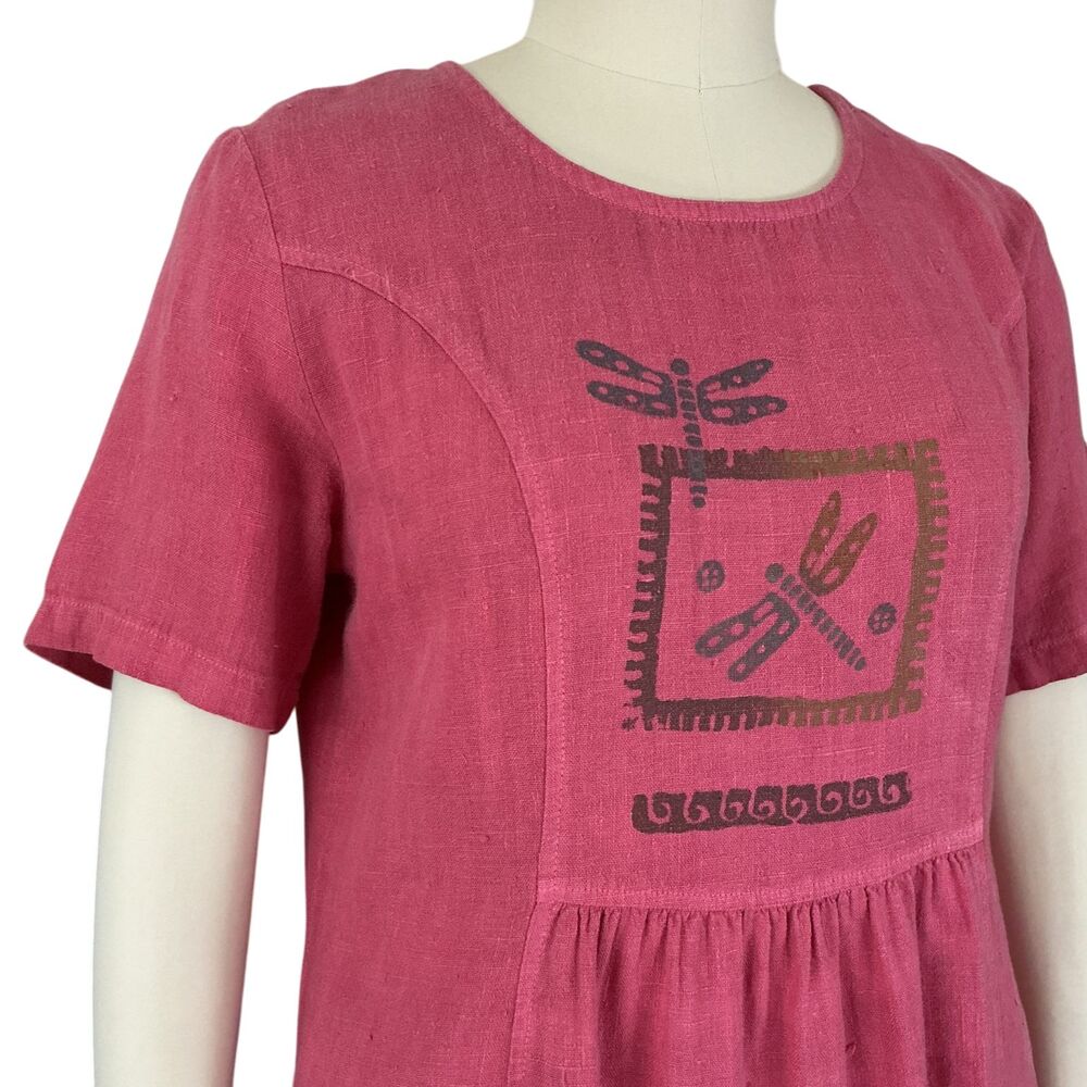 VTG Blue Fish Linen Dress L Coral Southwestern Dragonfly Graphics Lagenlook BOHO - Picture 2 of 12